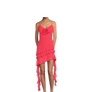 Gianni Bini Belle Rosette Watermelon Pink Chiffon Mini Dress 12 NWT Asymmetrical
